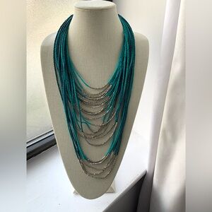 18” Statement Multi-strand Necklace With Teal Blue and Silver Beads